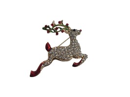 Christmas Pin Brooch Holiday Jumping Reindeer Rhinestones Sparkle Red Nose Green - £9.34 GBP