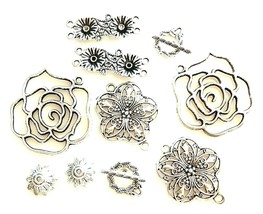 10 Assorted Antiqued Silver Bead Findings Components Rose Focals Clasps Cap Link - £5.37 GBP