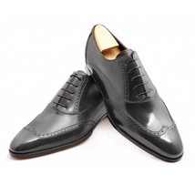 Men&#39;s Handmade Genuine Black Leather Oxford Brogue Wingtip Derby Lace Up Shoes - £102.86 GBP+