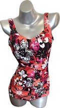 Maxine Of Hollywood Swimsuit Size 14 Black Pink Coral Floral Shirred One Piece - £27.24 GBP