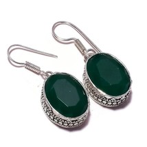 Green Onyx Oval Gemstone 925 Silver Overlay Handmade Drop Dangle Vintage Earring - £10.38 GBP