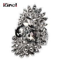 Unique Vintage Jewelry Gray Glass Big Rings For Women Ancient Silver Color Punk  - £6.07 GBP