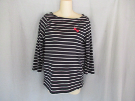 French Connection top tee Small black white stripe 2 red hearts boat neck 3/4 sl - £10.67 GBP