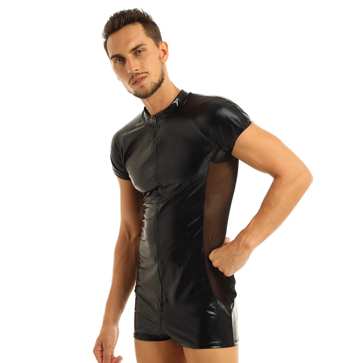 Sporting TiaoBug Summer Black Mens Patent Leather Short Sleeves Front Zipper One - £33.97 GBP
