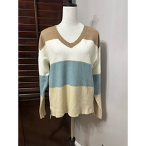 H By Halston Womens Pullover Sweater Multicolor Stripe Long Sleeve V Neck S - $21.20