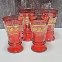 4 Bohemian Victorian Paneled Cranberry Gold Leaves Etched Enameled Juice Glasses - £42.28 GBP