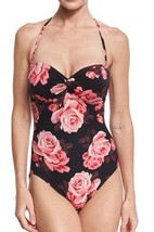 Kate Spade Rose Print 1 Pc Bandeau Swimsuit Black Pink Size M,S $142 *Nwt*! - £45.02 GBP