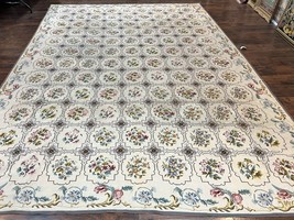 Needlepoint Rug 10x14 Wool Vintage Handmade Carpet Floral Panel Ivory/Cream - £3,037.55 GBP