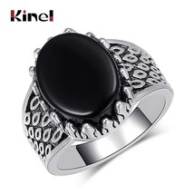 Drop Shipping Hot Punk Black Stone Men Rings Filled Silver Color Engraving Lucky - £5.94 GBP