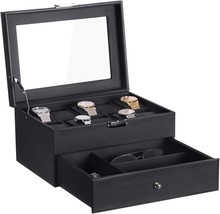 Bewishome Watch Box Organizer With Valet Drawer - Real Glass Top, Metal Hinge, - £37.06 GBP