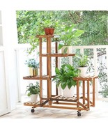 6-Shelf Portable Wooden Flower Pot Plant Stand with Locking Wheels - $196.46 CAD
