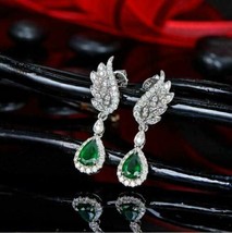 3.50Ct Pear Cut Green Emerald Halo Drop/Dangle Earrings 14K White Gold Finish - £83.72 GBP