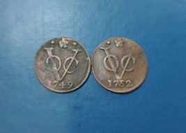 2 Pcs Dutch Colonial Voc Duit 1749 &amp; 1752 HOLLAND New York Penny Coin_c53 - £18.44 GBP