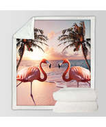 Flamingos Beach Colorful Sunset Palm Trees and Flamingos Throw Blanket - $55.90+