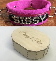 Locking Leather collar SISSY any word w/ personalized wood gift box - £68.13 GBP
