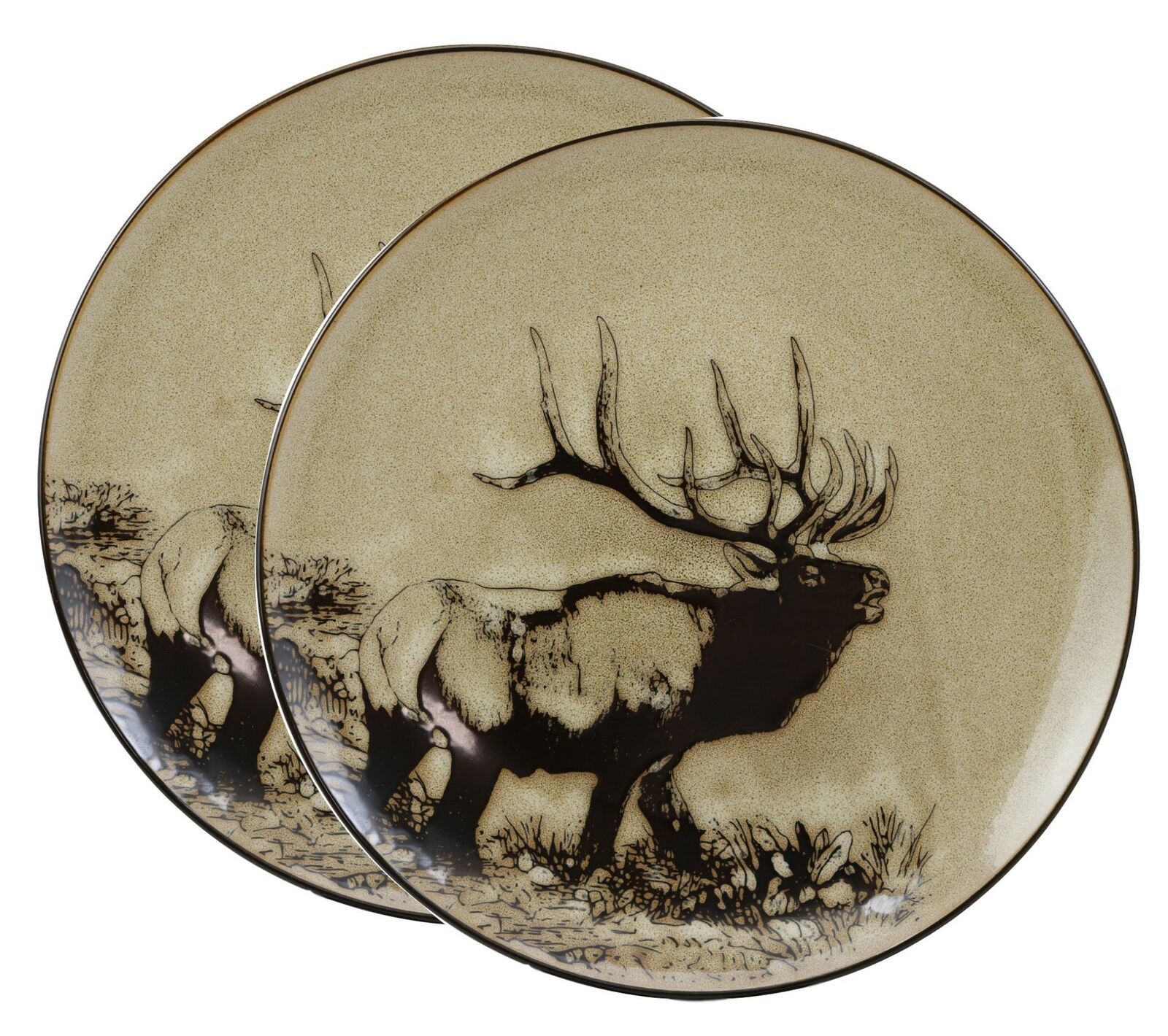 Animal Wildlife Forest Bull Elk Deer Abstract Large Round Dinner Plates Set Of 2