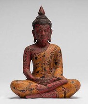 Antico Stile Khmer Legno Seduta Buddha Statua Dhyana Meditazione Mudra - £326.21 GBP