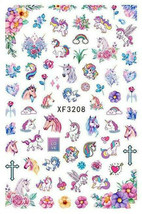 Nail Art 3D Decal Stickers unicorn horse rainbow pink purple rose cross XF3208 - £2.55 GBP