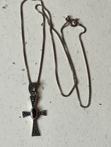 Dainty 925 Marked Silver Chain w FAS Signed Marcasite Cross w Center Ruby Red Ma - £18.93 GBP