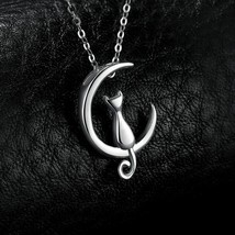 Cat Moon Silver Pendant 925 Sterling Silver Necklace Women Jewelry Without Chain - £12.98 GBP