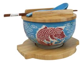 Blue And Red Koi Fishes Donburi Ramen Bowl With Lid Trivet Spoon Chopsti... - $39.99