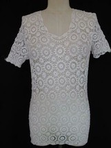 Vintage White Hand Crocheted Crochet Short Sleeve Top M T Shirt Sheer Silky - £14.38 GBP