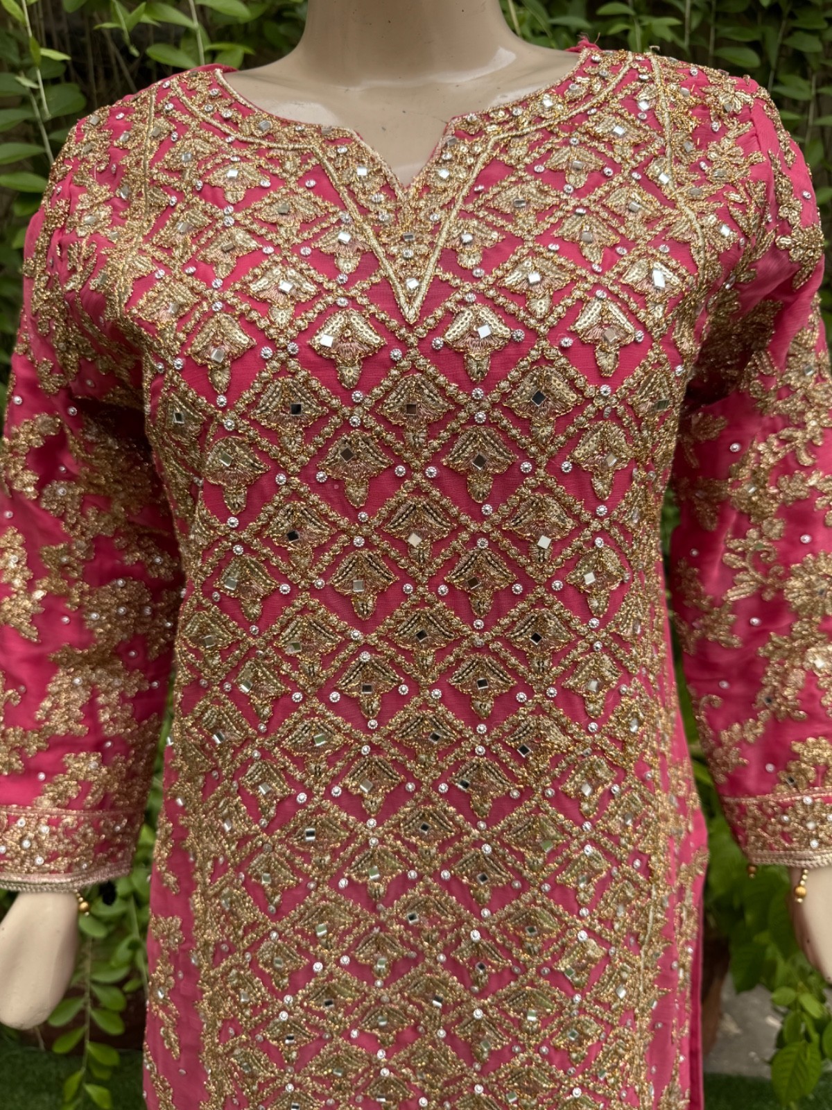Pakistani Coral Pink Straight Style Embroidered Sequins Chiffon Gharara Dress,M Item image 5