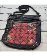Tote Bag Crossbody Purse Black Faux Leather Red Quilted Floral  - £15.85 GBP