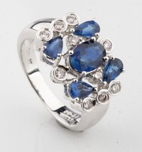 14K White Gold Ladies Blue Sapphire Diamond Cluster Ring Perfect Gift for Her - £540.08 GBP