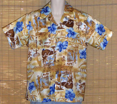 Waikiki Holiday Hawaiian Shirt Tan Blue Floral Natives Tikis Size Large - $24.74
