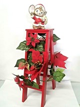 Christmas Mouse Ladder Poinsettia Home Decor Wood and Ceramic - £14.42 GBP