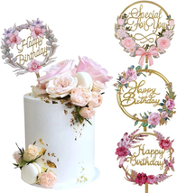 Gold Flower Acrylic Happy Birthday Cake Topper Cake Decoration Supplies 4Pcs - £13.21 GBP