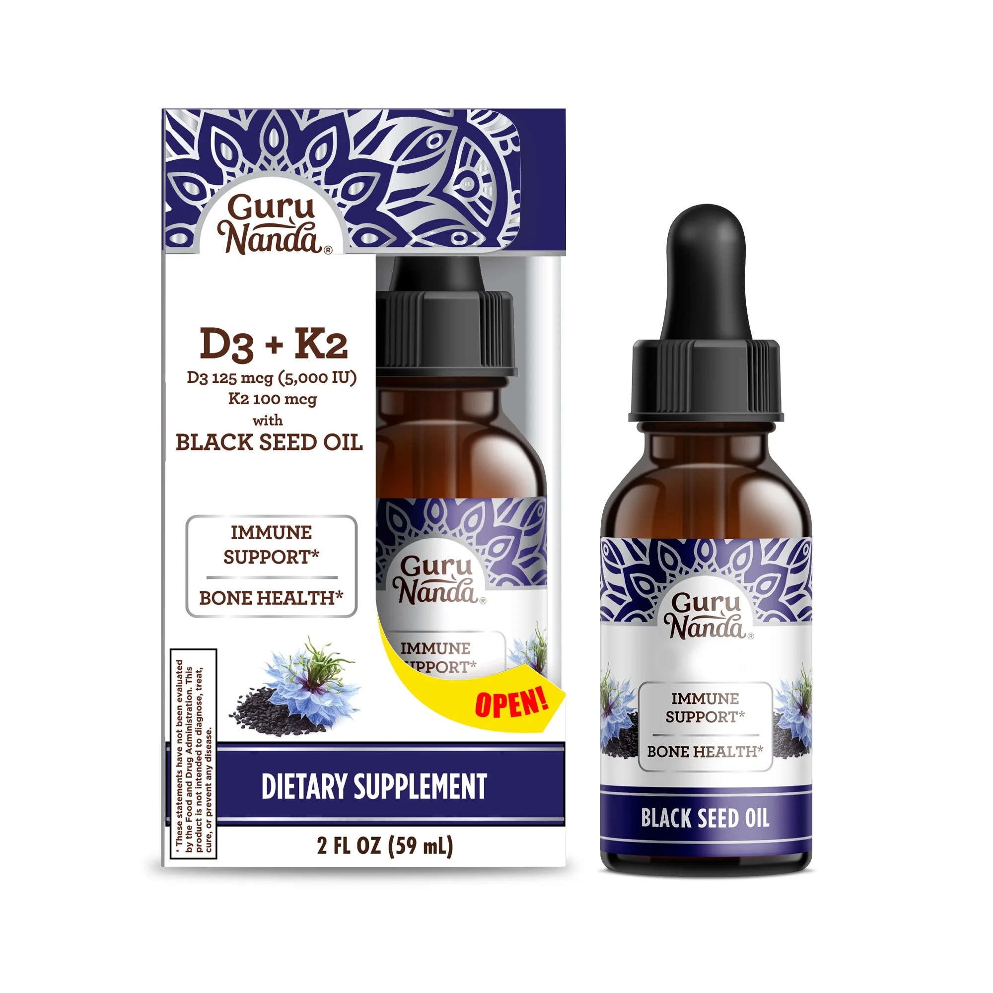 GuruNanda Cold Pressed Black Seed Oil with Vitamin D3, E & K2 - 2 fl oz