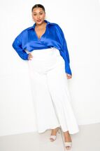 Satin Long Sleeve Tie Waist Wrap Top - $39.55