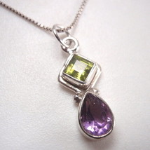 Small Faceted Peridot and Amethyst Double Gem 925 Sterling Silver Necklace - £15.48 GBP