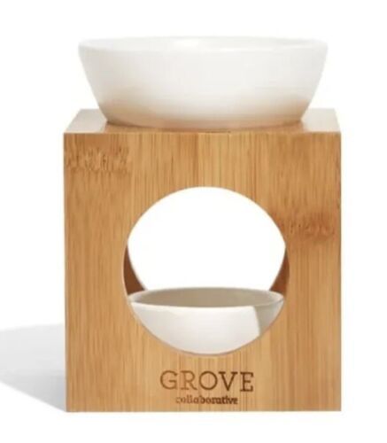 Grove Wood And Ceramic Dish Essential Oil Burner 6 In X 4 In Uses Votive Candle - $25.00