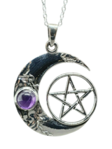 Amethyst Pentacle Moon Pendant Necklace 18&quot; Chain 925 Sterling Silver And Boxed - £33.65 GBP