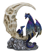 Blue Dragon With Baby Wyrmling Perching On Bone Skull Crescent Moon Figu... - $35.39 CAD