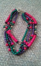 005 Mutli Color 3 Strand Choker Necklace Beads Green Purple Red - £7.85 GBP