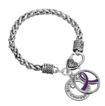 Purple Ribbon Cancer Awareness Silver Charm Bracelet Ladies Womens 19cm 7.5&quot; USA - £7.94 GBP