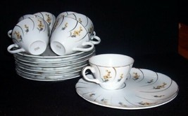 4 Vintage Yellow Floral w/Gold Trim Snack Plates &amp; Cups~Made in Japan - £15.94 GBP