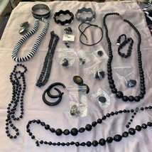 Vintage Jewelry Lot Of 23 Black Necklaces Bracelets Earrings Pierced Clip Ring - £7.52 GBP