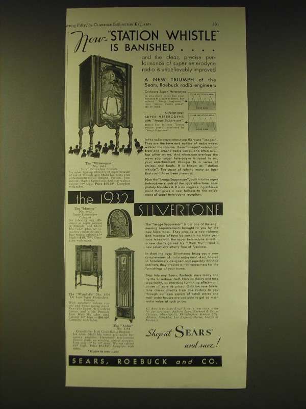 1932 Sears Silvertone Radios Ad - Wilmington 1404, Musette 1402, Wynclyffe 1430 - $18.49
