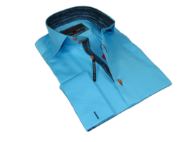 Men&#39;s Axxess Turkey Shirt 100% Cotton High Collar 224-08 French Cuffs Teal - £70.77 GBP