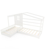 L-shaped Double Twin Beds House Platform Beds with Fences Corner Bed Fra... - $476.64