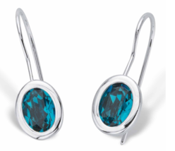 Oval Cut Bezel Set Teal Blue Crystal Drop Earrings In Silvertone - £55.94 GBP