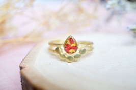 Real Pressed Flower and Resin Ring, Gold Teardrop in Red and Yellow - £25.29 GBP