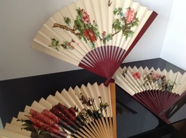 Chinese Paper Fans Lot 3 of Folding Hand-Painted Butterflies Birds Flowers Asian - £73.75 GBP