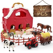 Farm Animals Red Barn Toys, 20Pcs Farm Toys Farm Figurines And Fence Farm Playse - £36.79 GBP