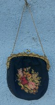 Antique small black petit handbags point needlepoint floral Bronze frame  - £125.82 GBP